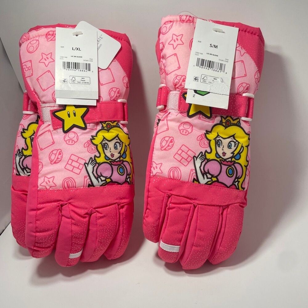 Lot of 2 Nintendo Mario Princess Peach Kids Ski Gloves S/M L/XL New Bioworld